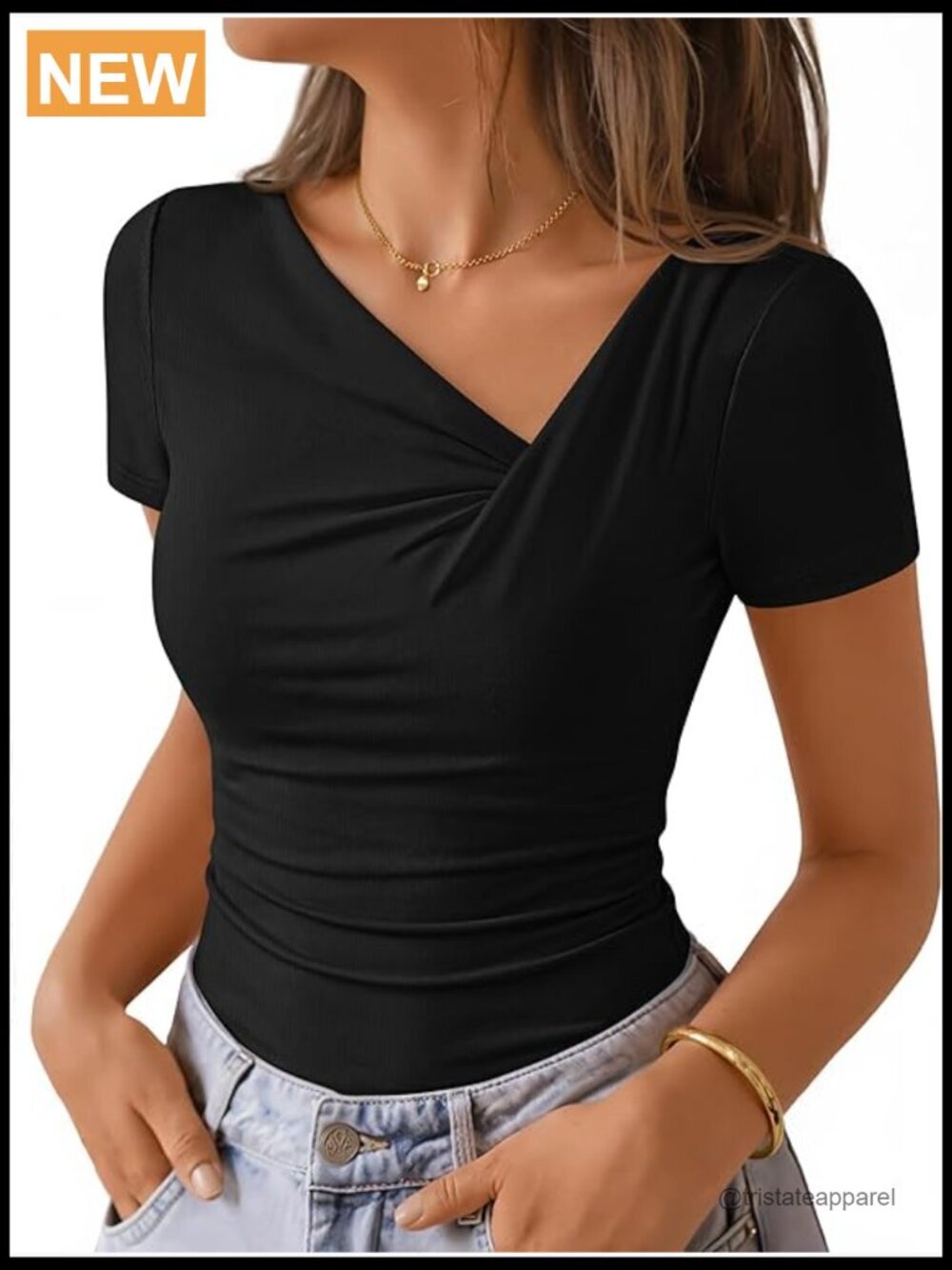 Asymmetrical Ruched V-Neck Slim Fit Tee Summer Going Out Tops
